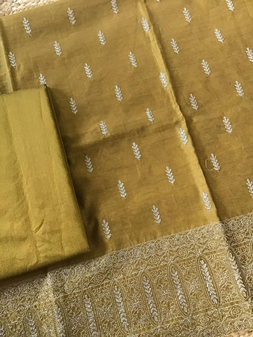 Pure Chanderi Embroidered Suit - Yellowish Green