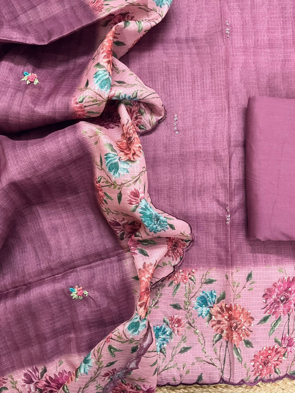 Soft Kota Silk Printed Embroidered Suit - Wine