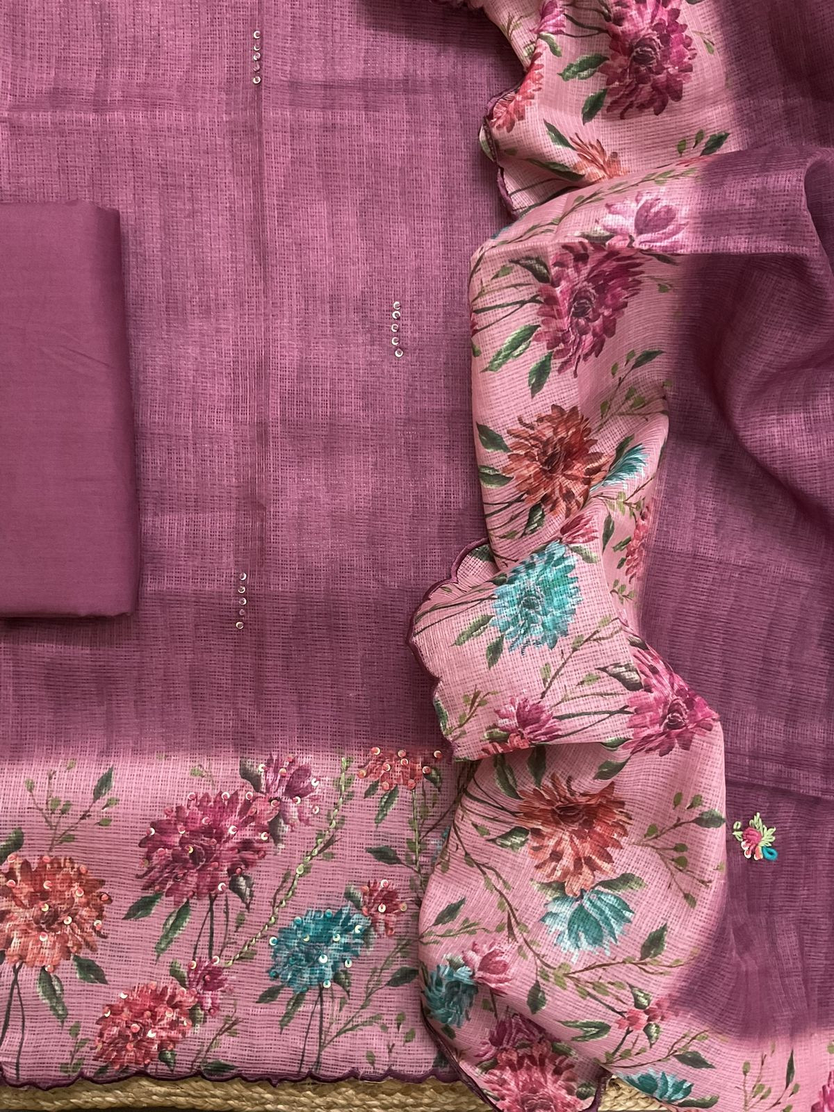 Soft Kota Silk Printed Embroidered Suit - Wine