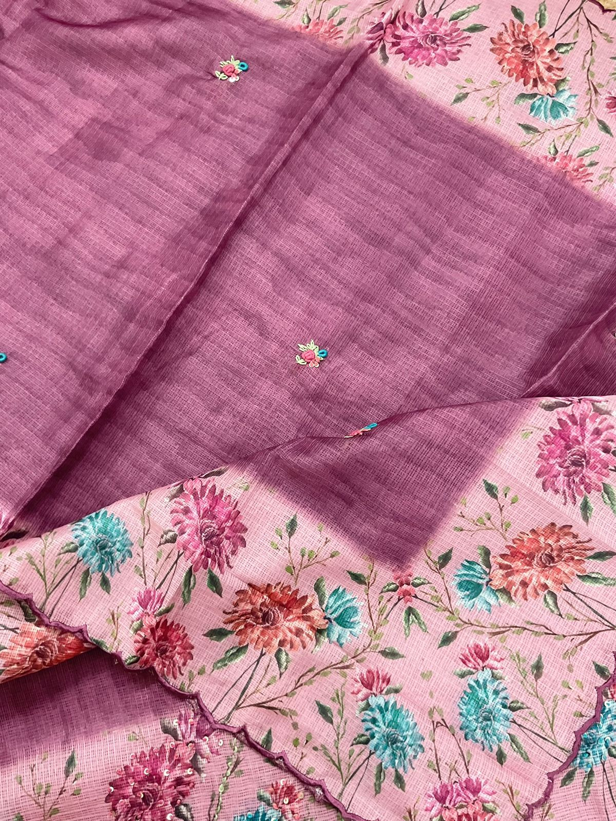 Soft Kota Silk Printed Embroidered Suit - Wine