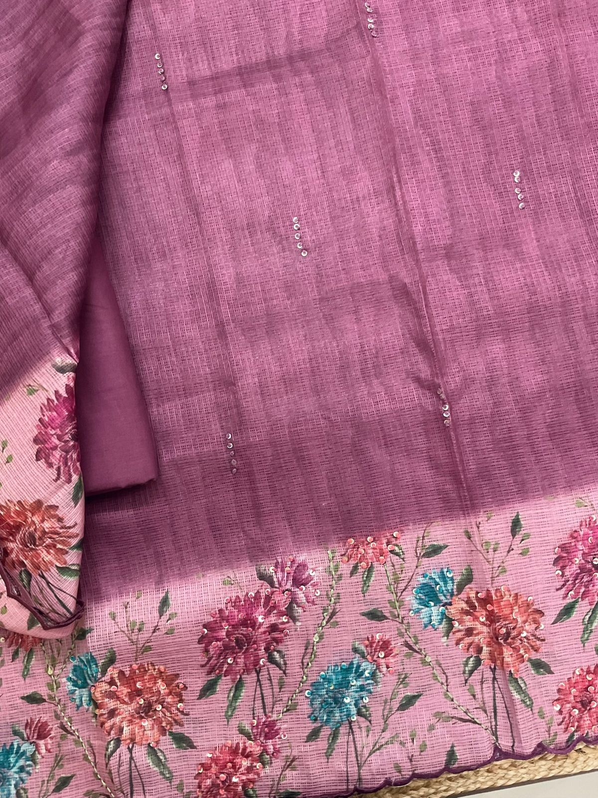 Soft Kota Silk Printed Embroidered Suit - Wine