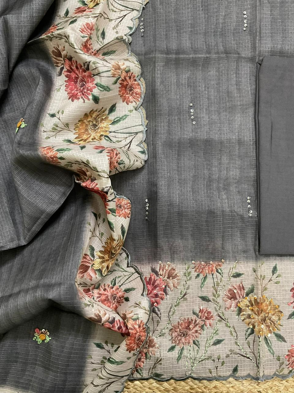Soft Kota Silk Printed Embroidered Suit - Blackish Grey