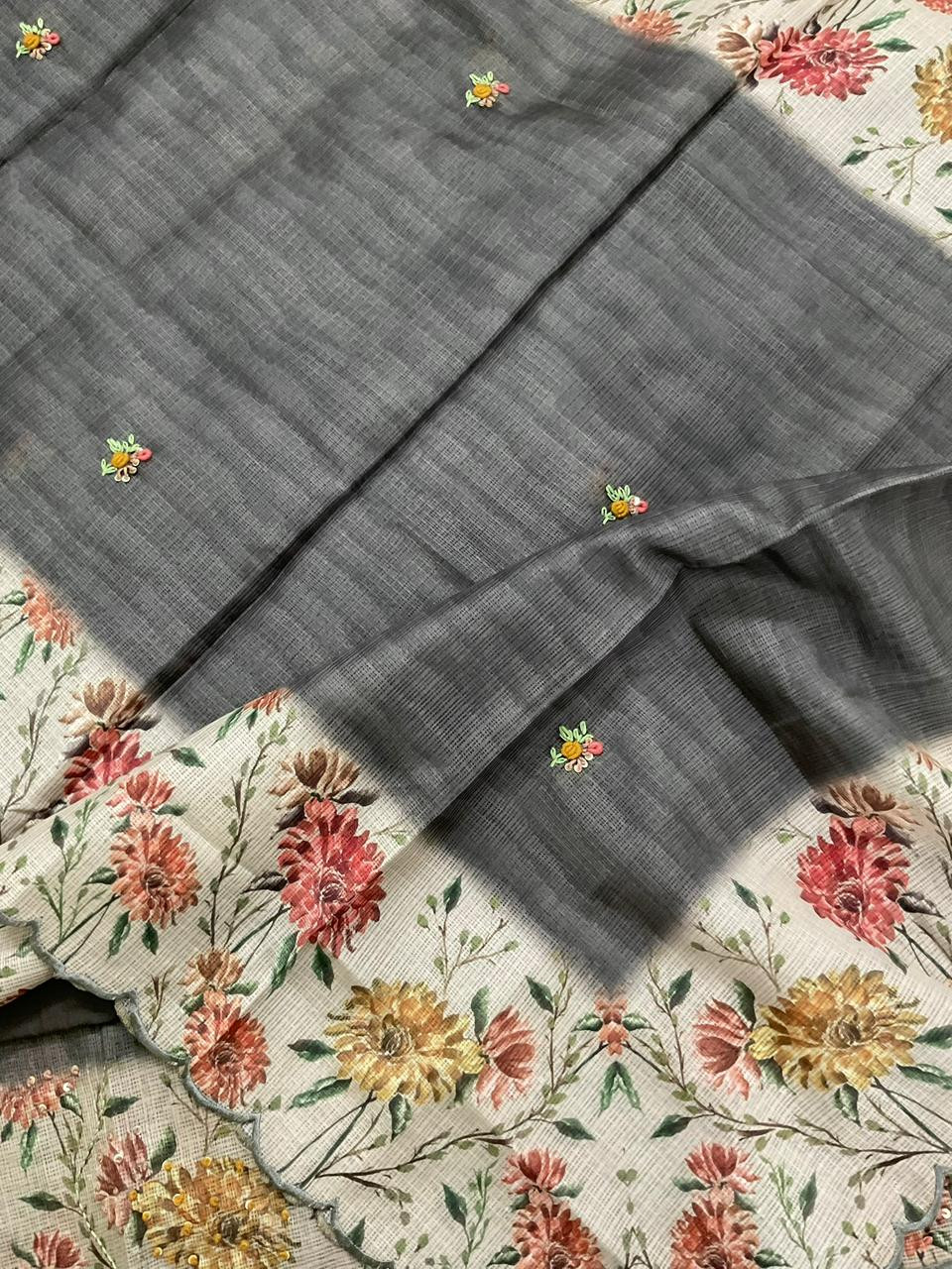 Soft Kota Silk Printed Embroidered Suit - Blackish Grey