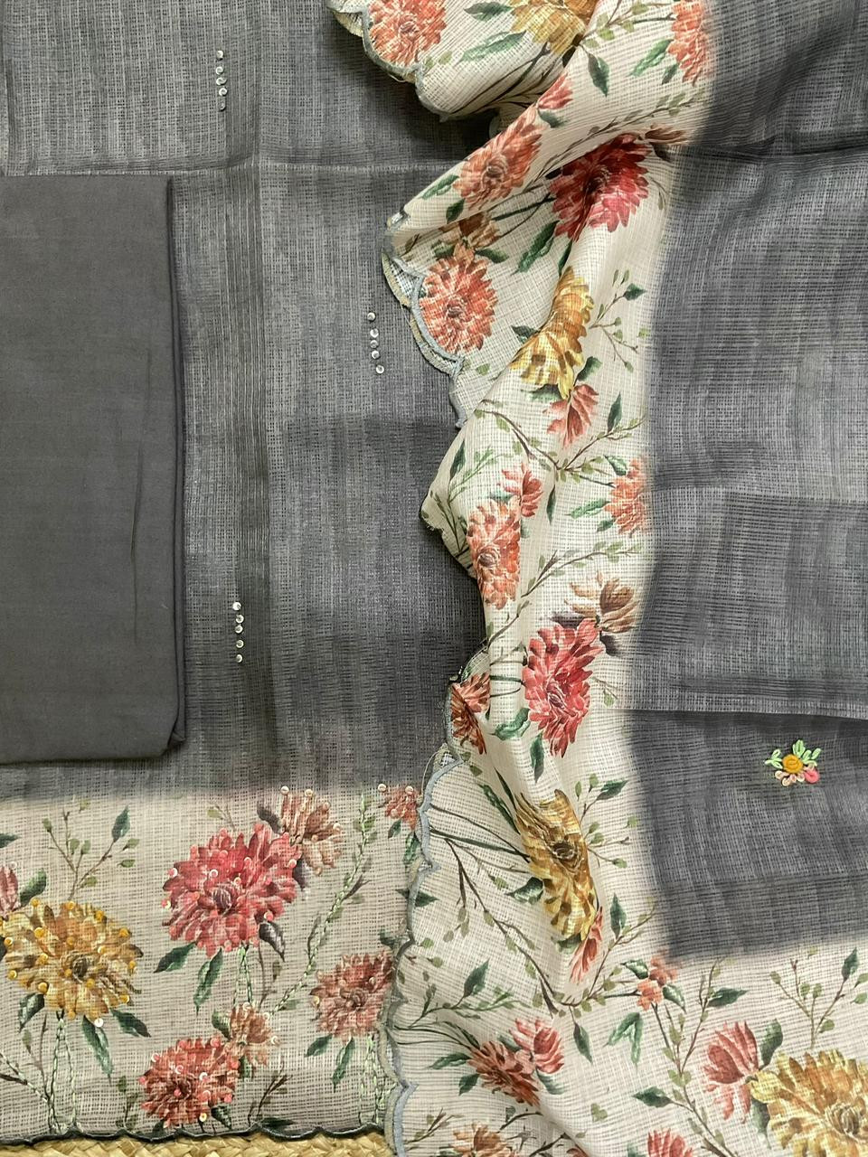 Soft Kota Silk Printed Embroidered Suit - Blackish Grey