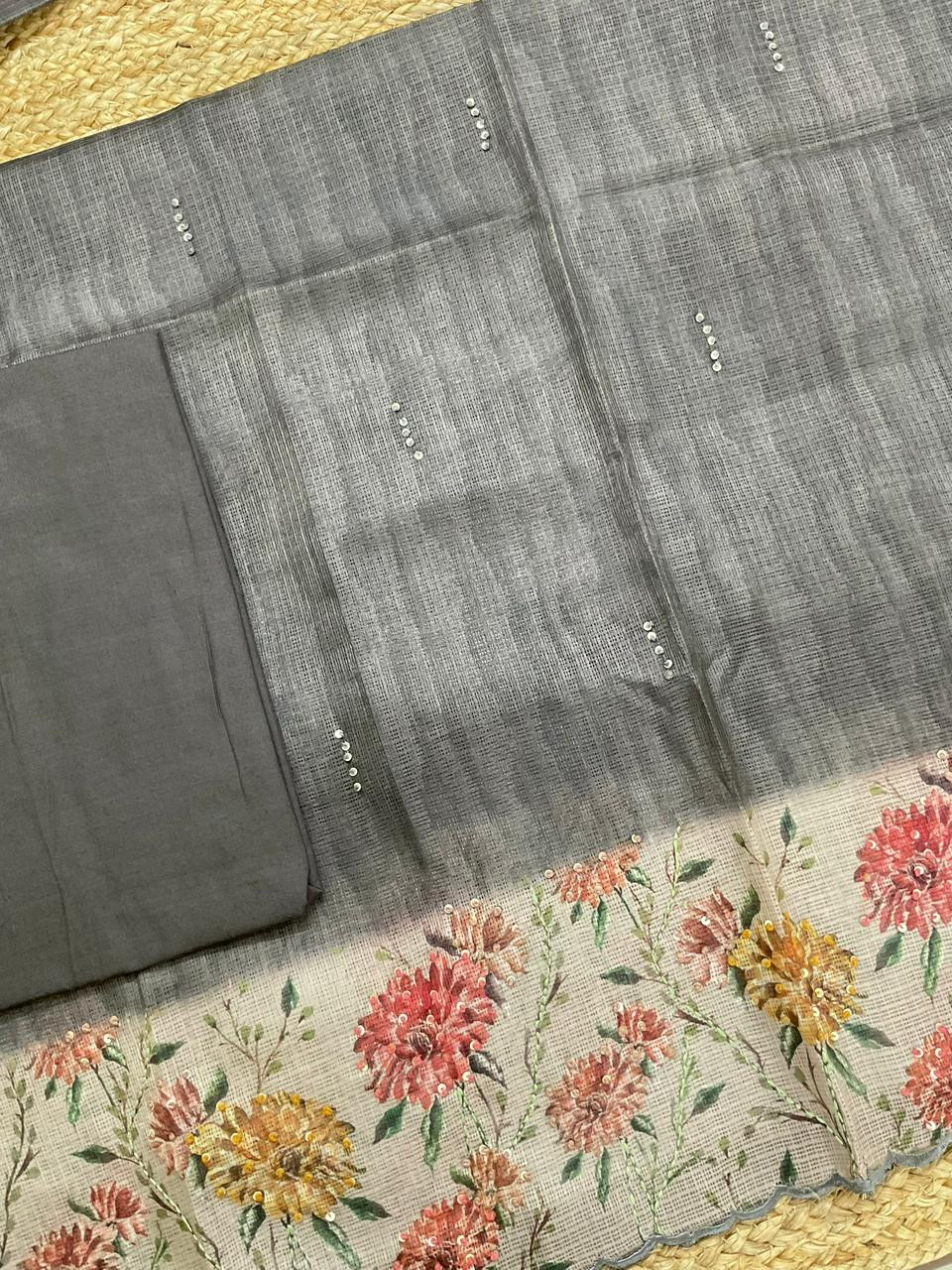 Soft Kota Silk Printed Embroidered Suit - Blackish Grey