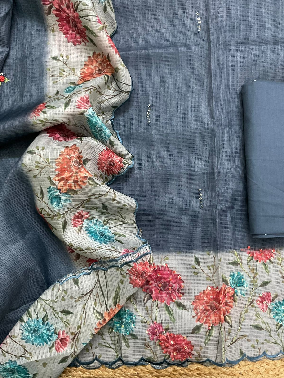 Soft Kota Silk Printed Embroidered Suit - Bluish Grey