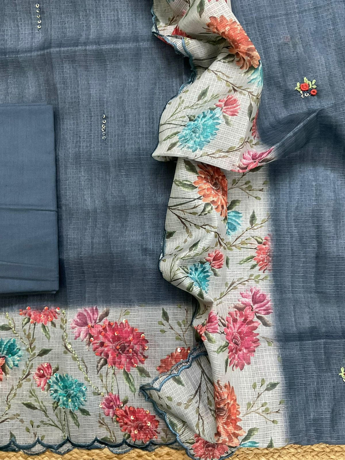 Soft Kota Silk Printed Embroidered Suit - Bluish Grey