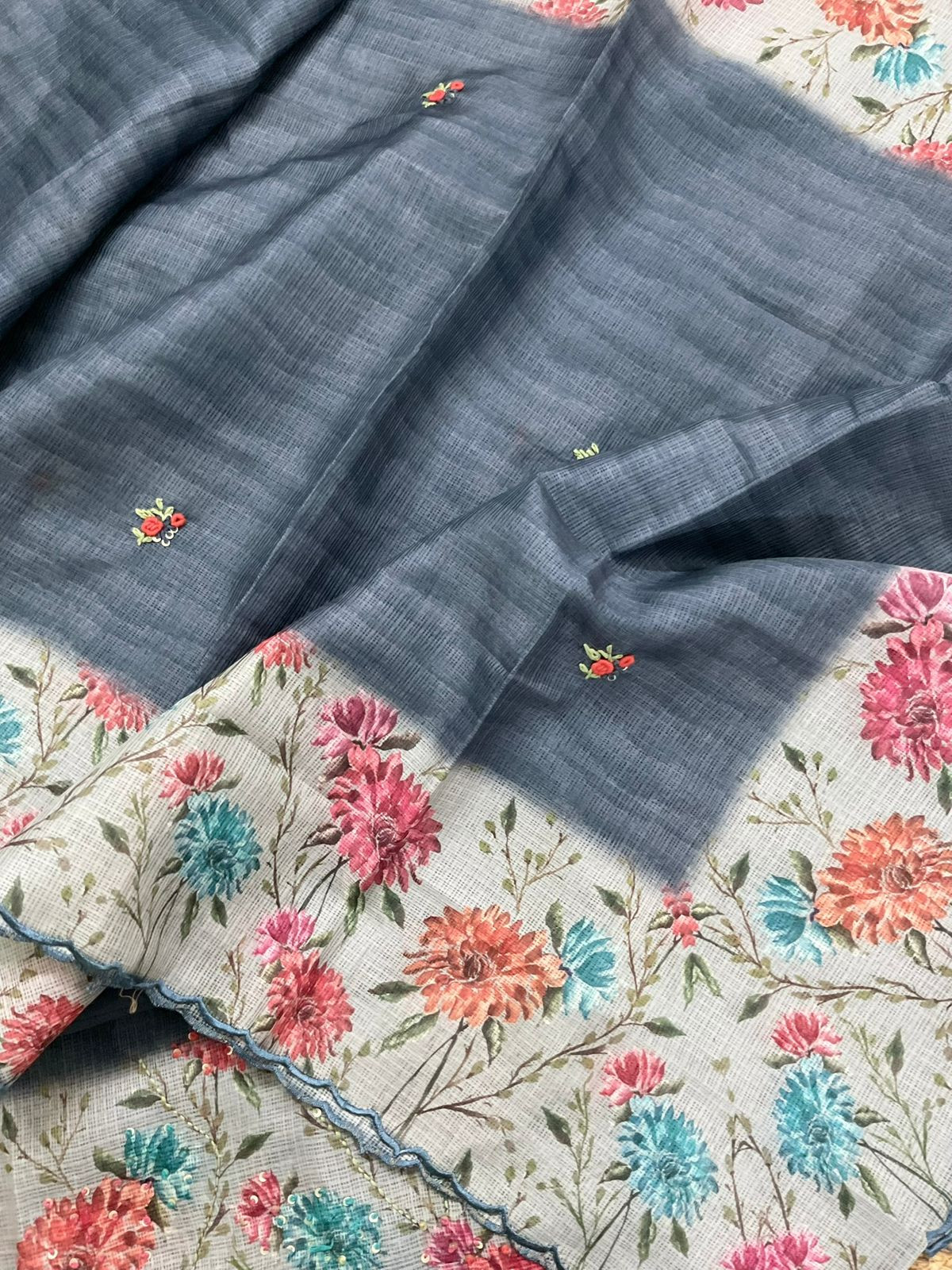 Soft Kota Silk Printed Embroidered Suit - Bluish Grey