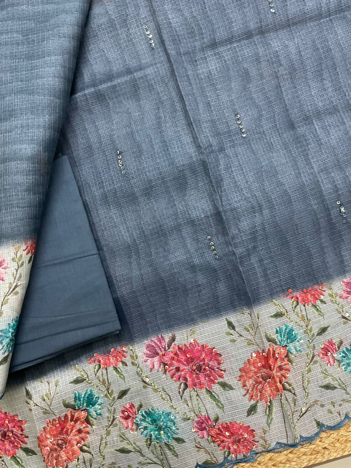 Soft Kota Silk Printed Embroidered Suit - Bluish Grey