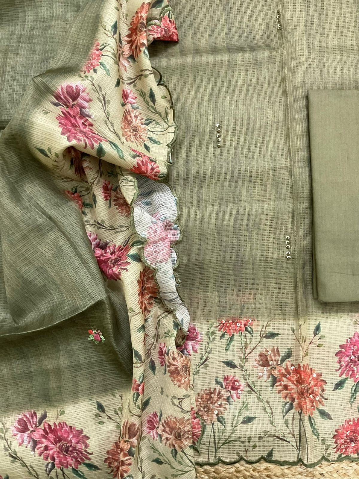 Soft Kota Silk Printed Embroidered Suit - Green