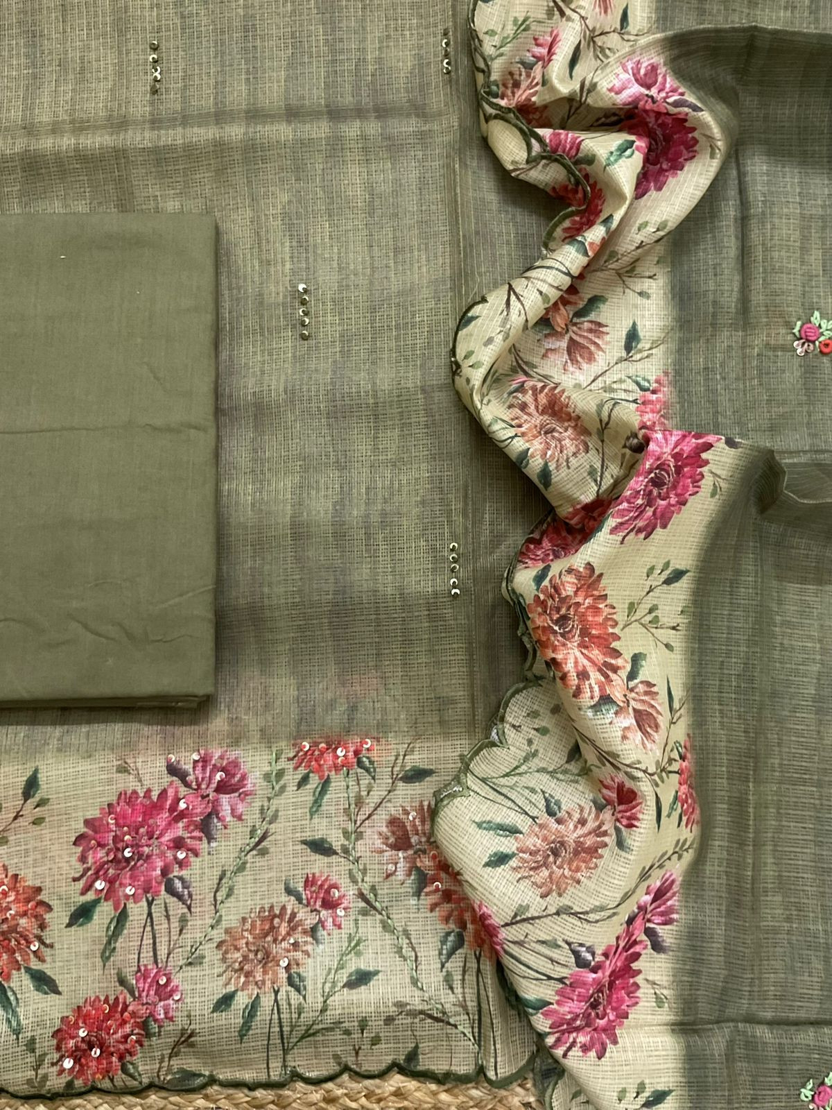 Soft Kota Silk Printed Embroidered Suit - Green