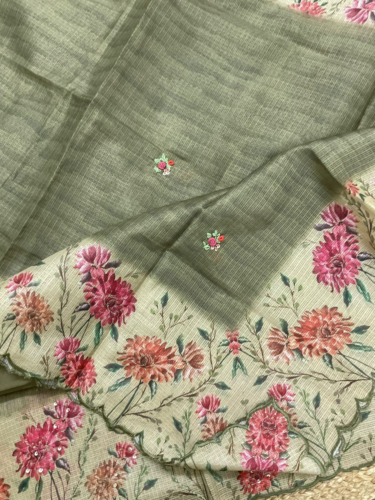 Soft Kota Silk Printed Embroidered Suit - Green