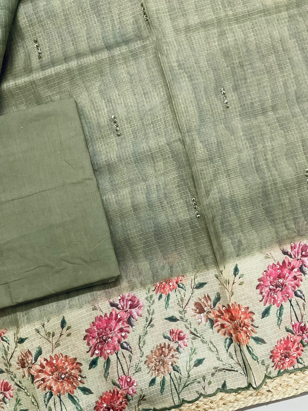 Soft Kota Silk Printed Embroidered Suit - Green