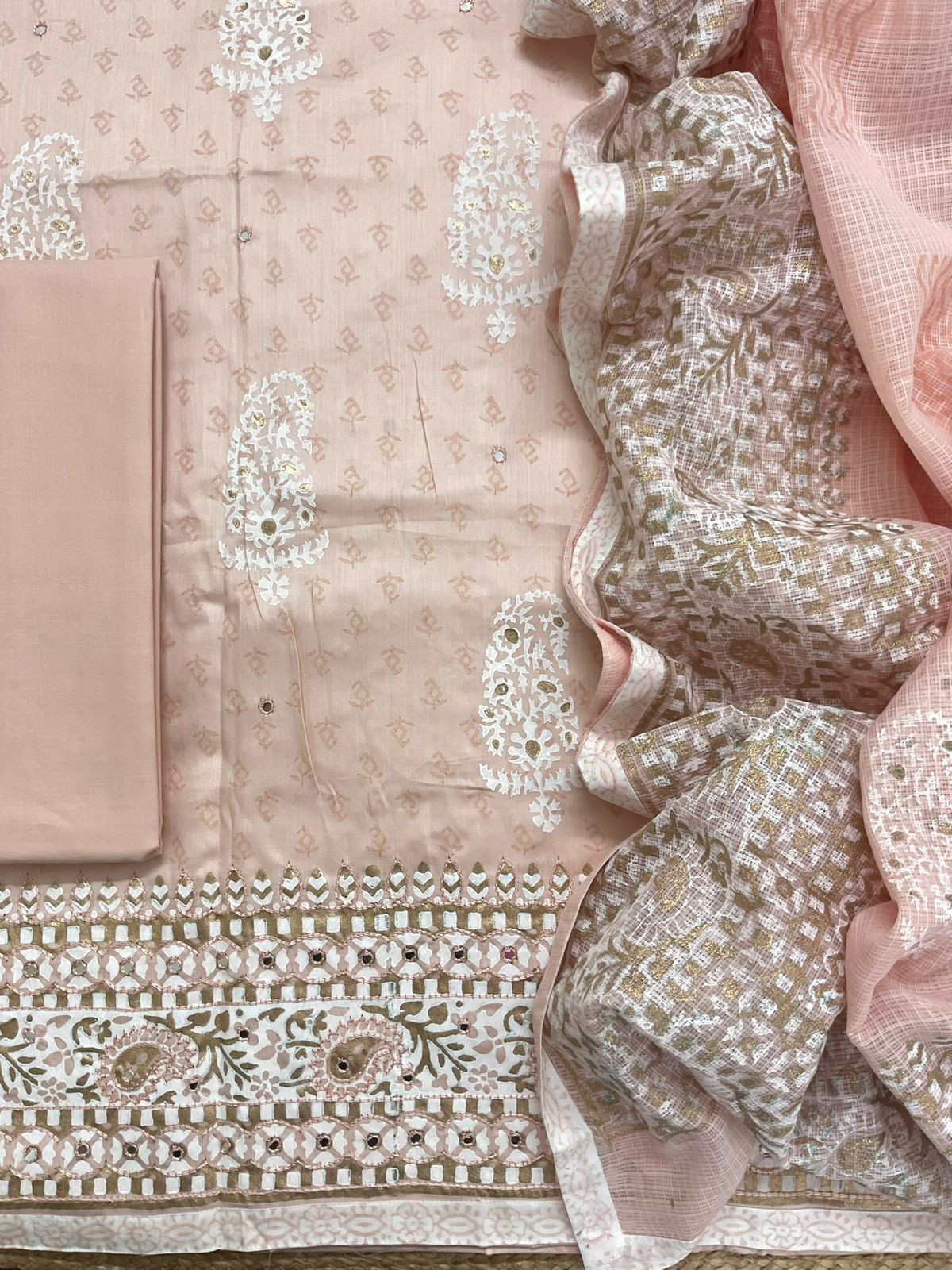 Pure Jaam Cotton Printed Embroidered Suit - Peach