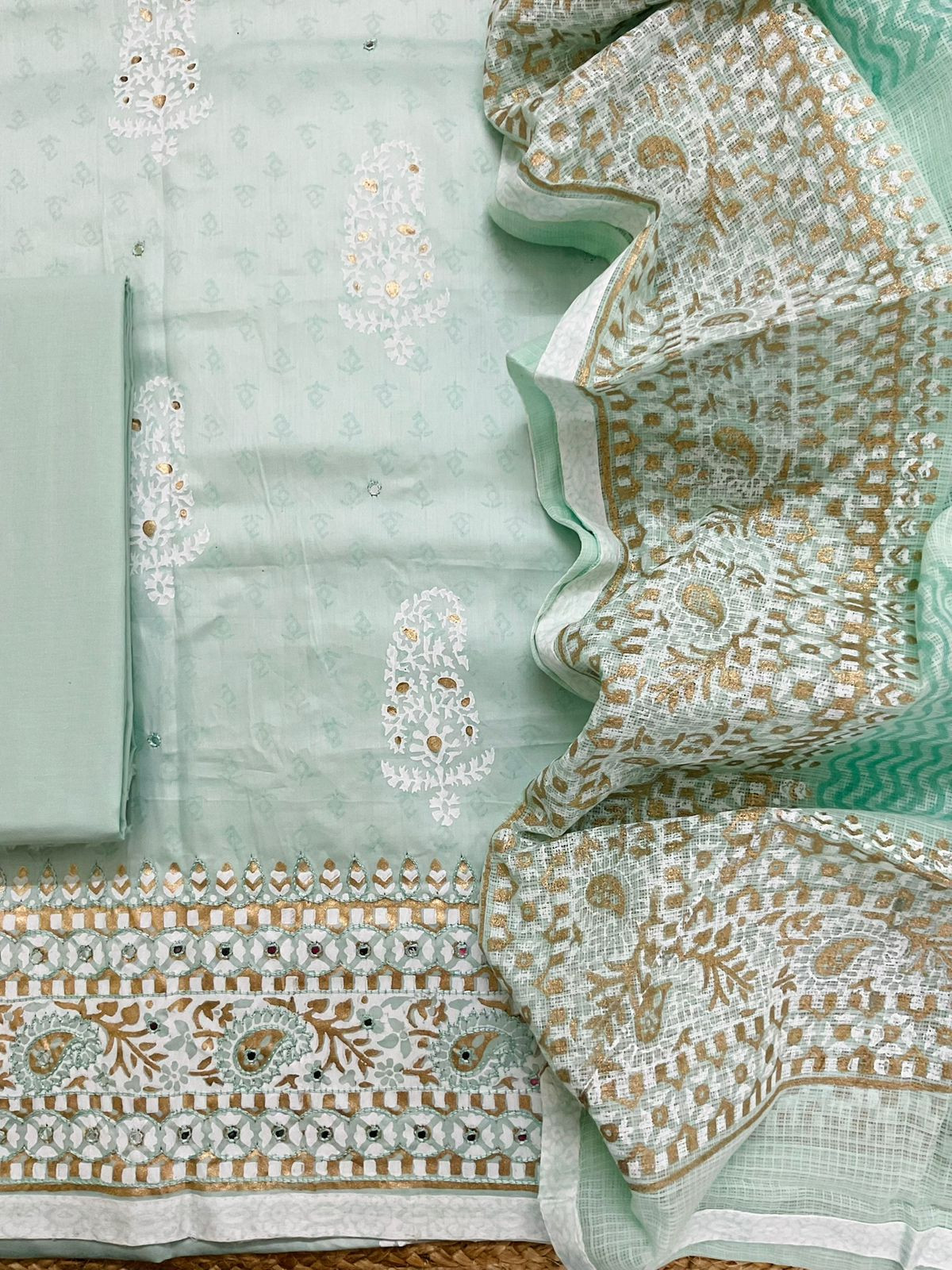 Pure Jaam Cotton Printed Embroidered Suit - Sea Green