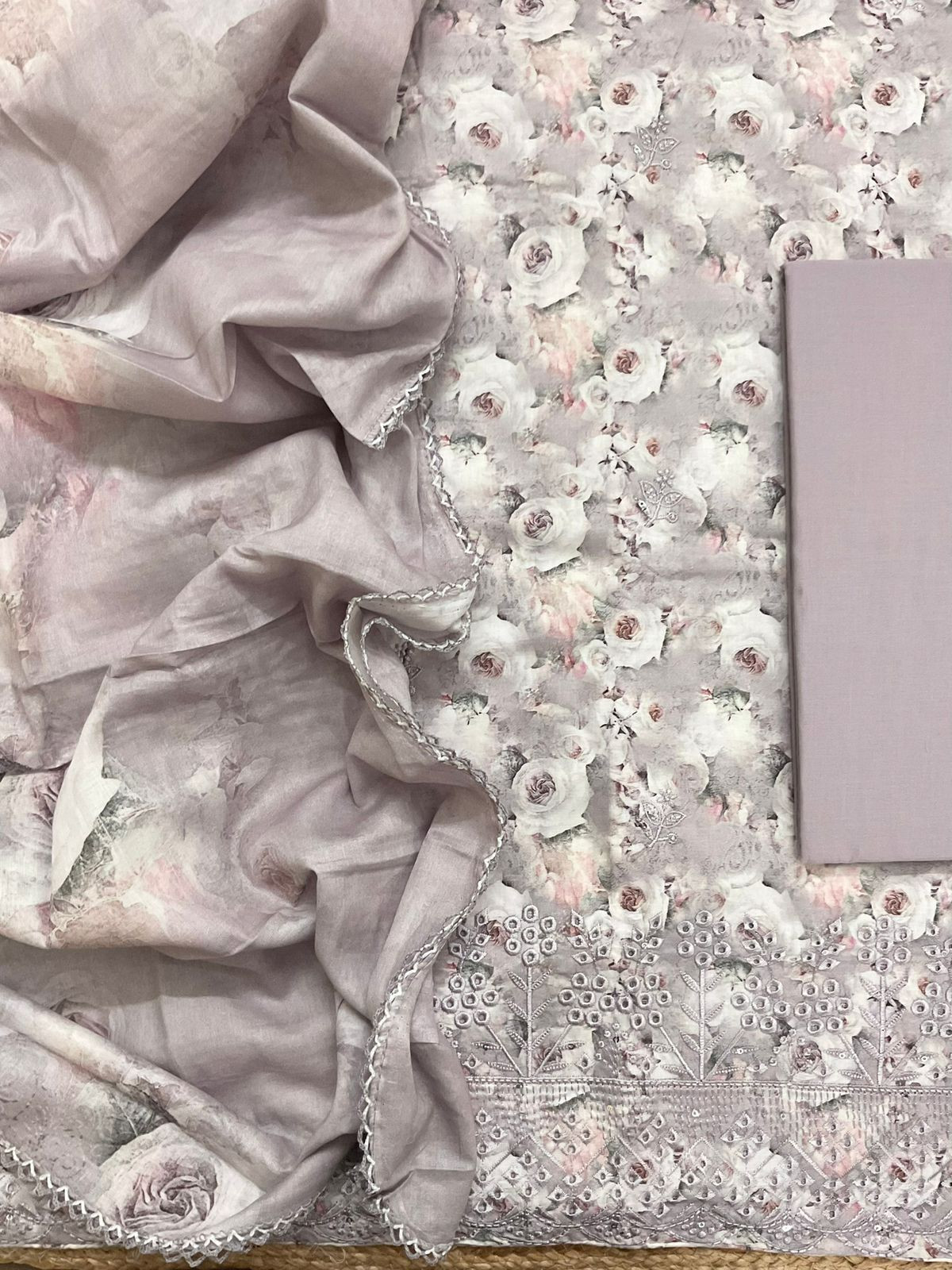 Pure Cotton Printed Embroidered Suit - Lavender