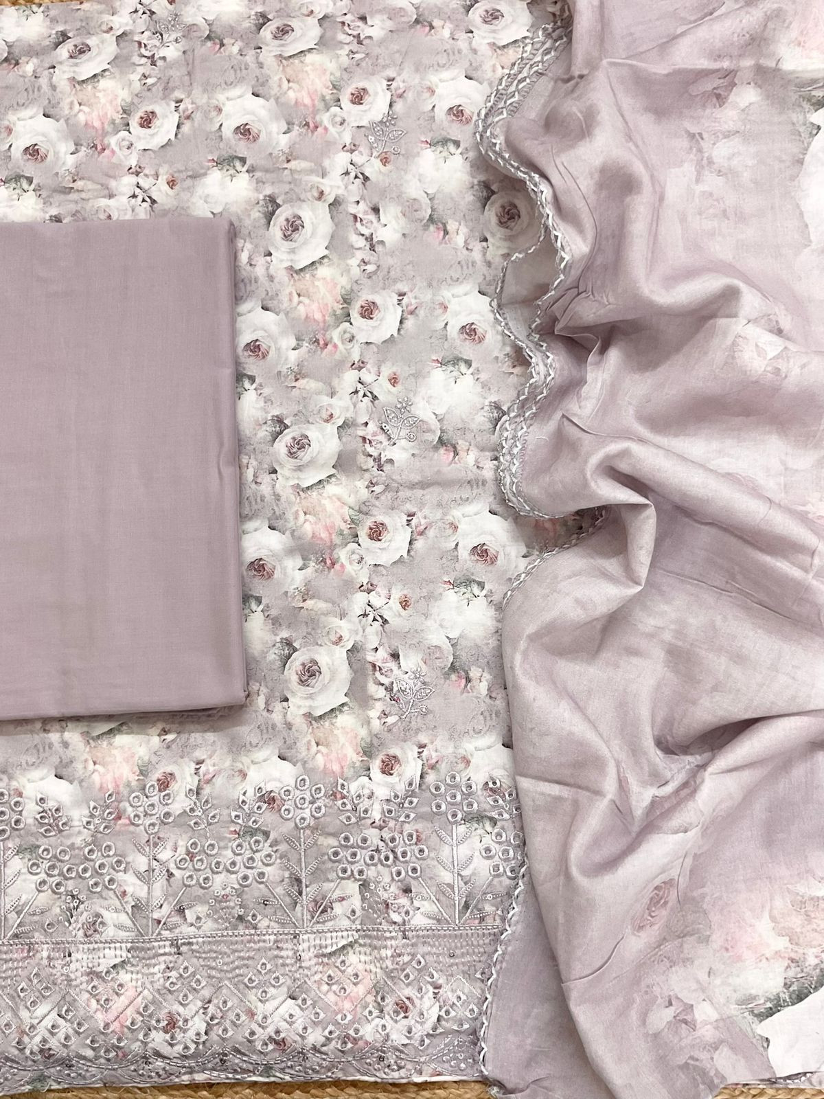 Pure Cotton Printed Embroidered Suit - Lavender