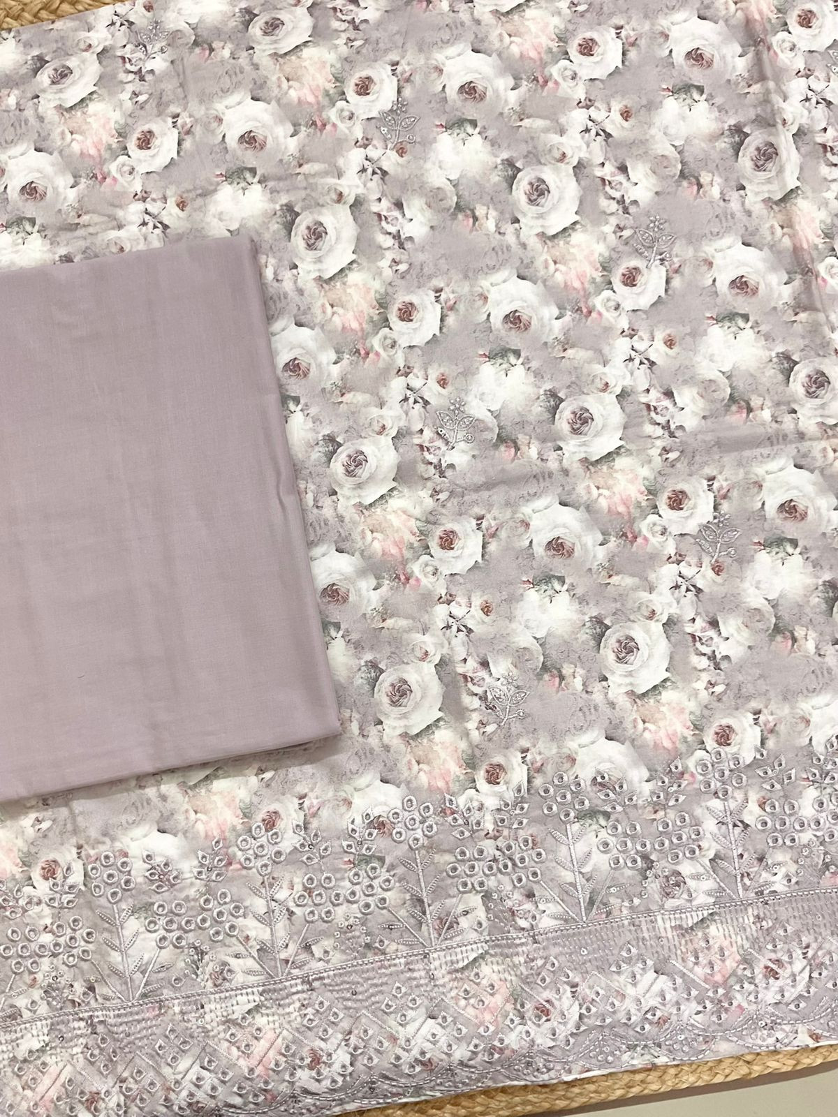 Pure Cotton Printed Embroidered Suit - Lavender