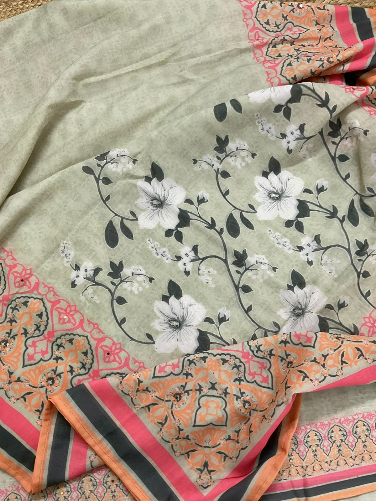 Soft Linen Jute Cotton Printed Embroidered Suit - Green