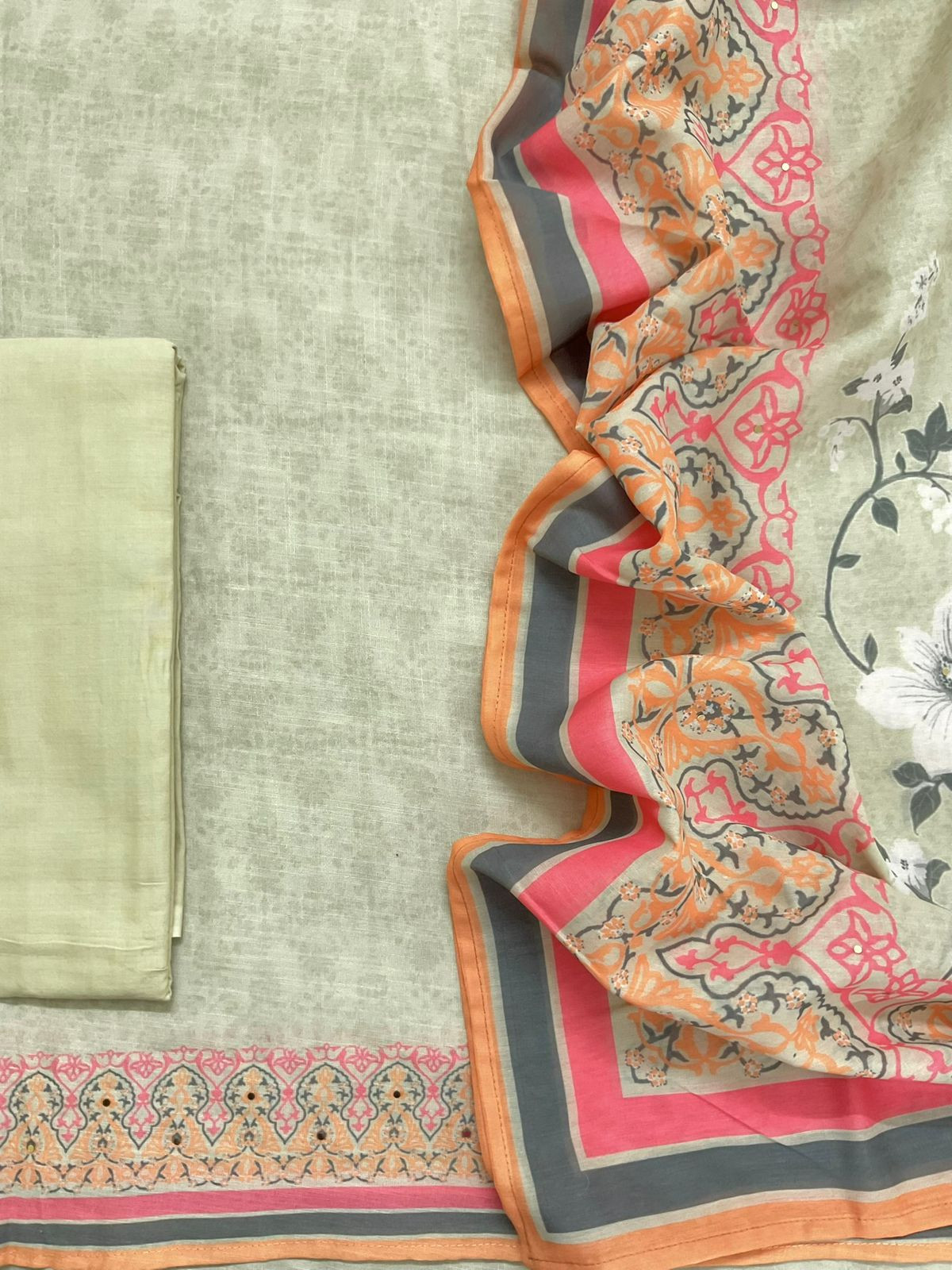 Soft Linen Jute Cotton Printed Embroidered Suit - Green