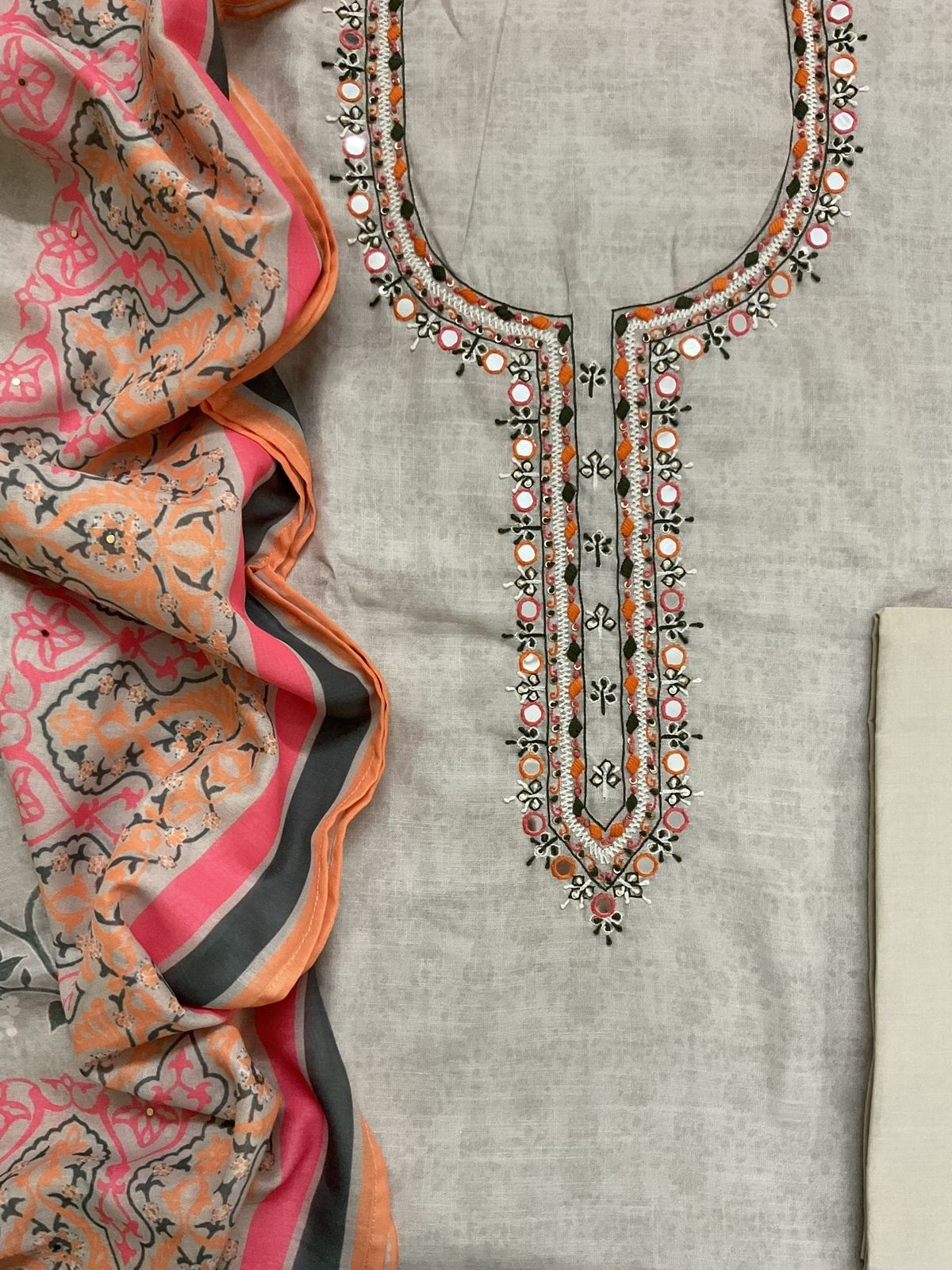 Soft Linen Jute Cotton Printed Embroidered Suit - Beigish Grey