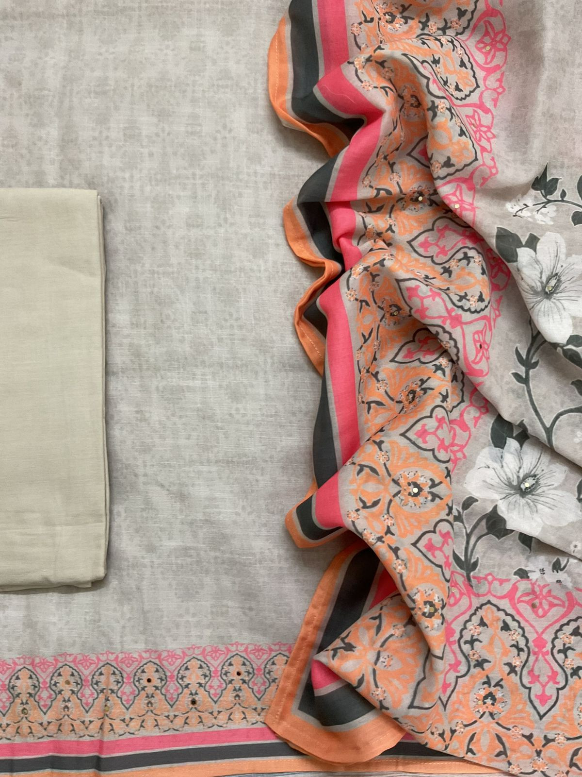 Soft Linen Jute Cotton Printed Embroidered Suit - Beigish Grey