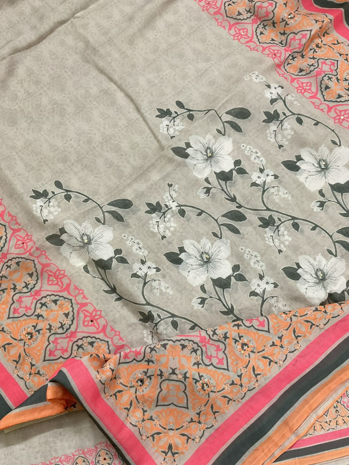 Soft Linen Jute Cotton Printed Embroidered Suit - Beigish Grey