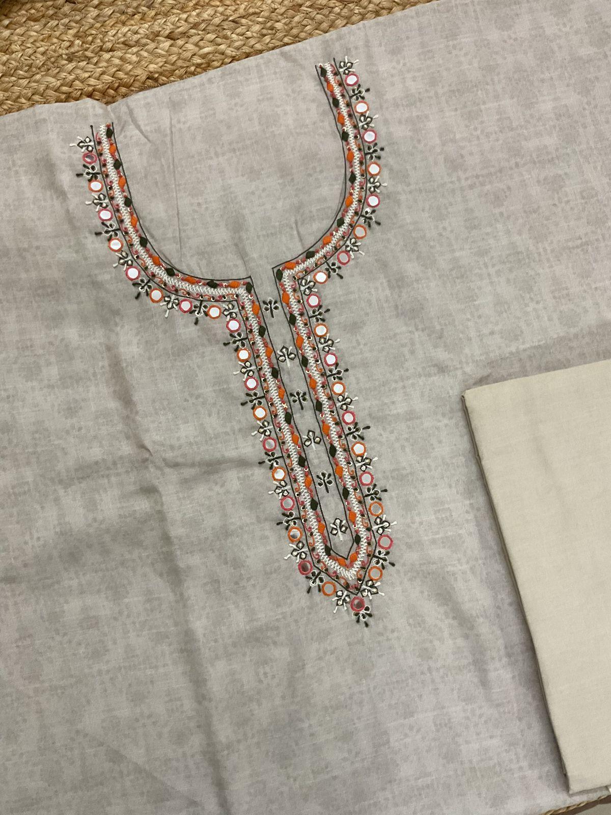 Soft Linen Jute Cotton Printed Embroidered Suit - Beigish Grey