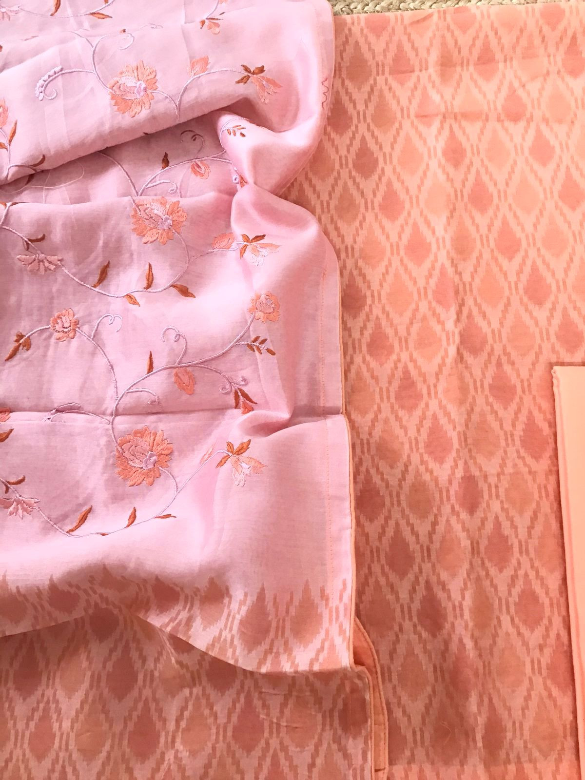 Pure Chanderi Printed Embroidered Suit - Peach