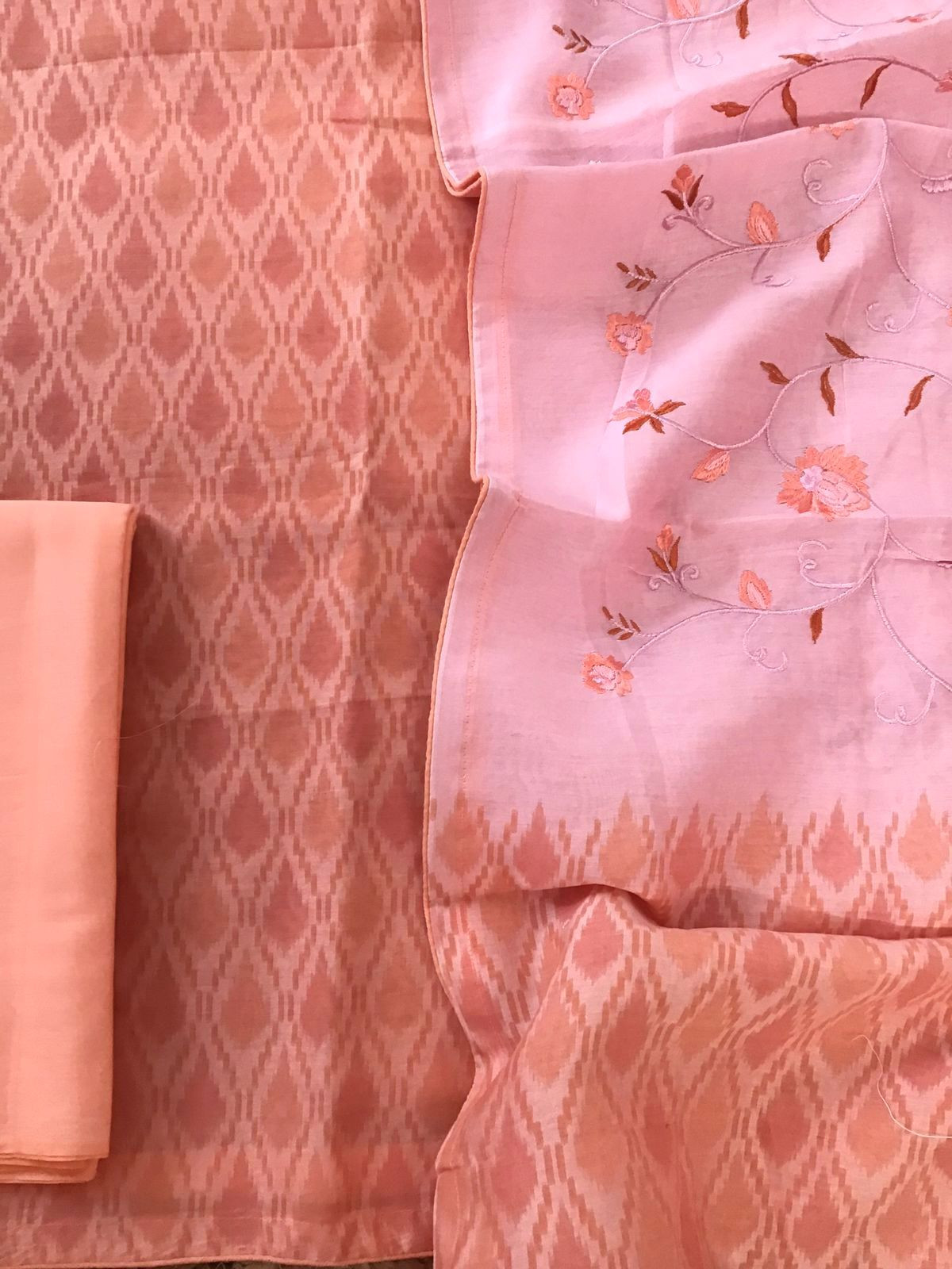 Pure Chanderi Printed Embroidered Suit - Peach