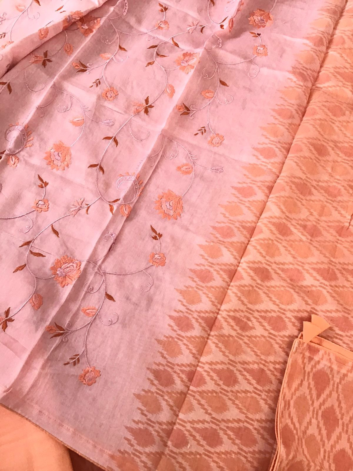 Pure Chanderi Printed Embroidered Suit - Peach