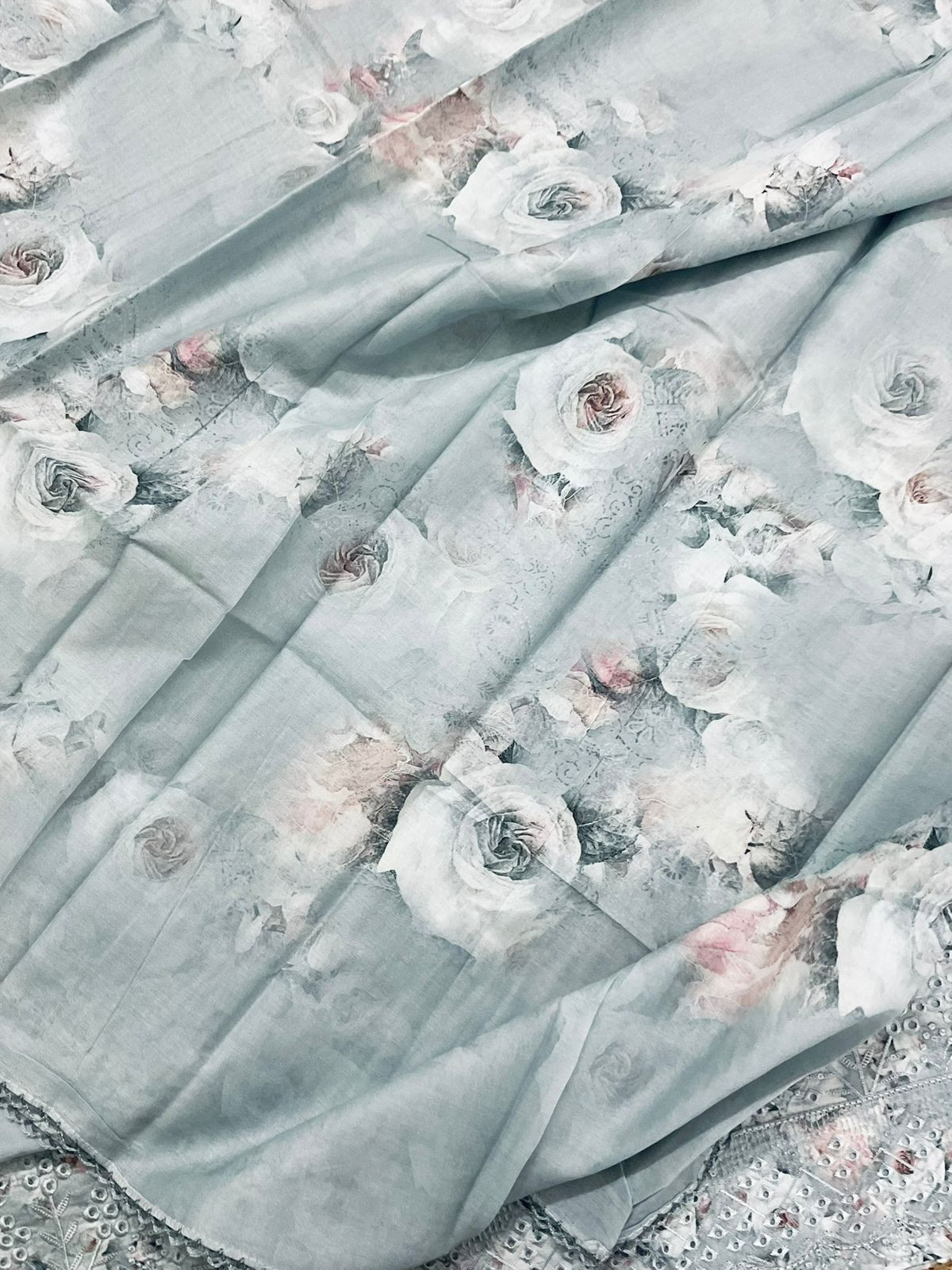 Pure Cotton Printed Embroidered Suit - Grey