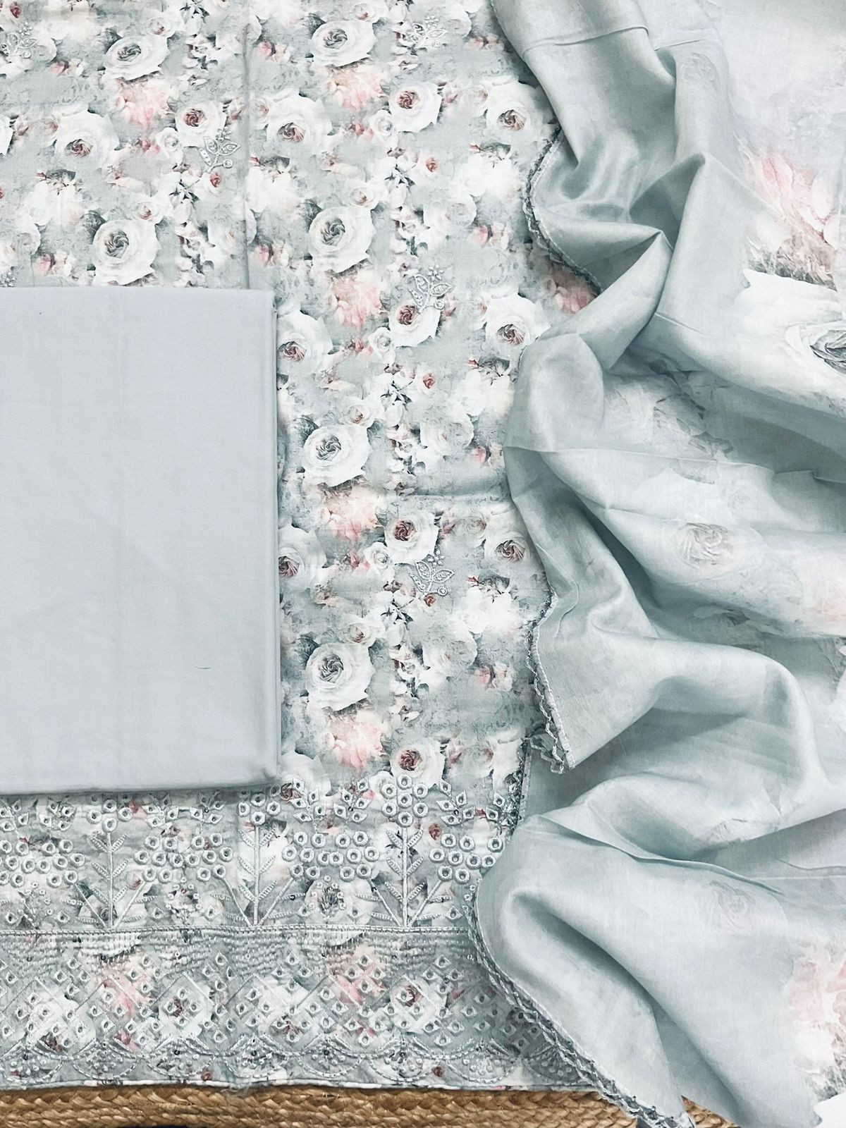 Pure Cotton Printed Embroidered Suit - Grey