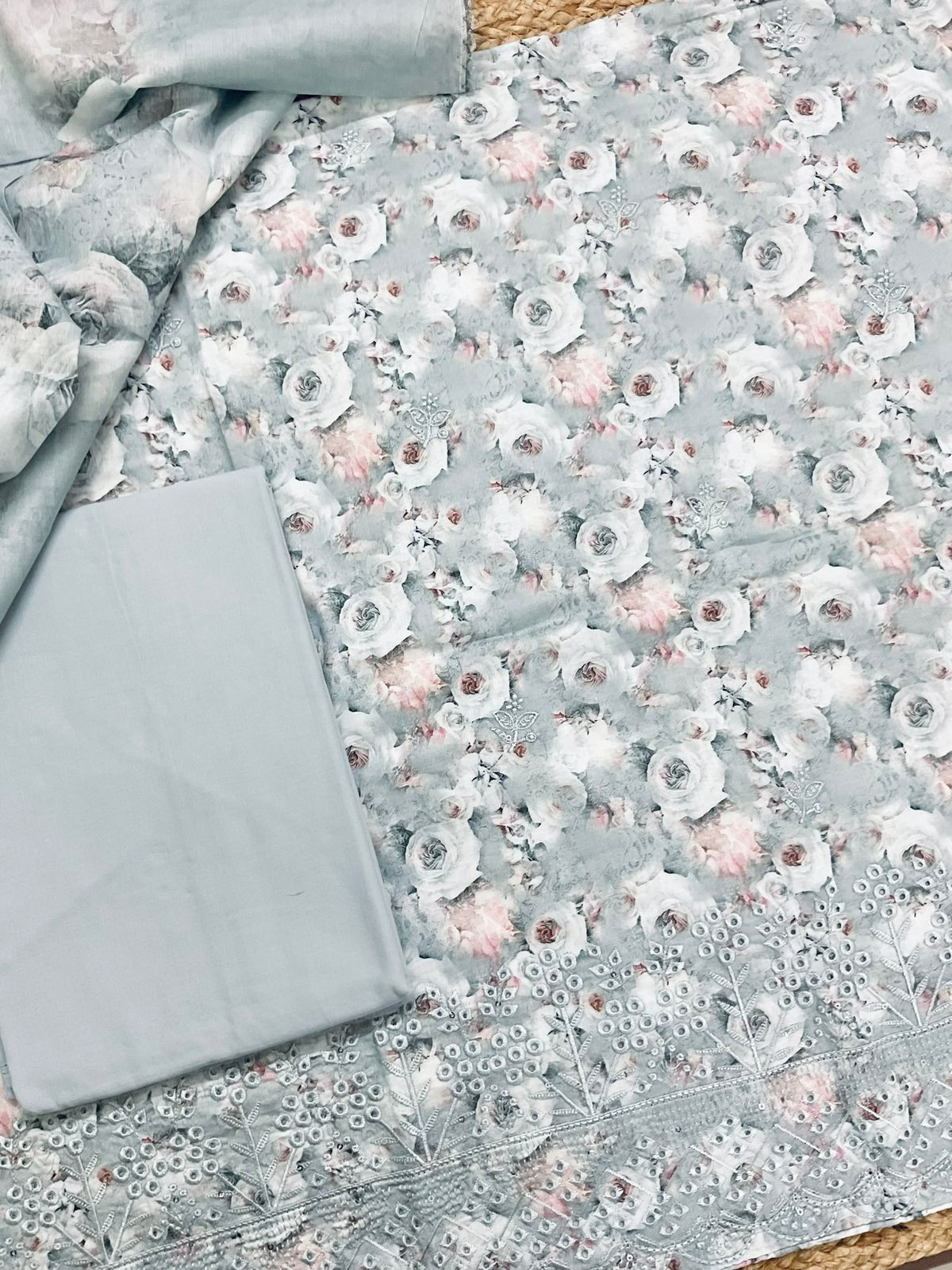 Pure Cotton Printed Embroidered Suit - Grey