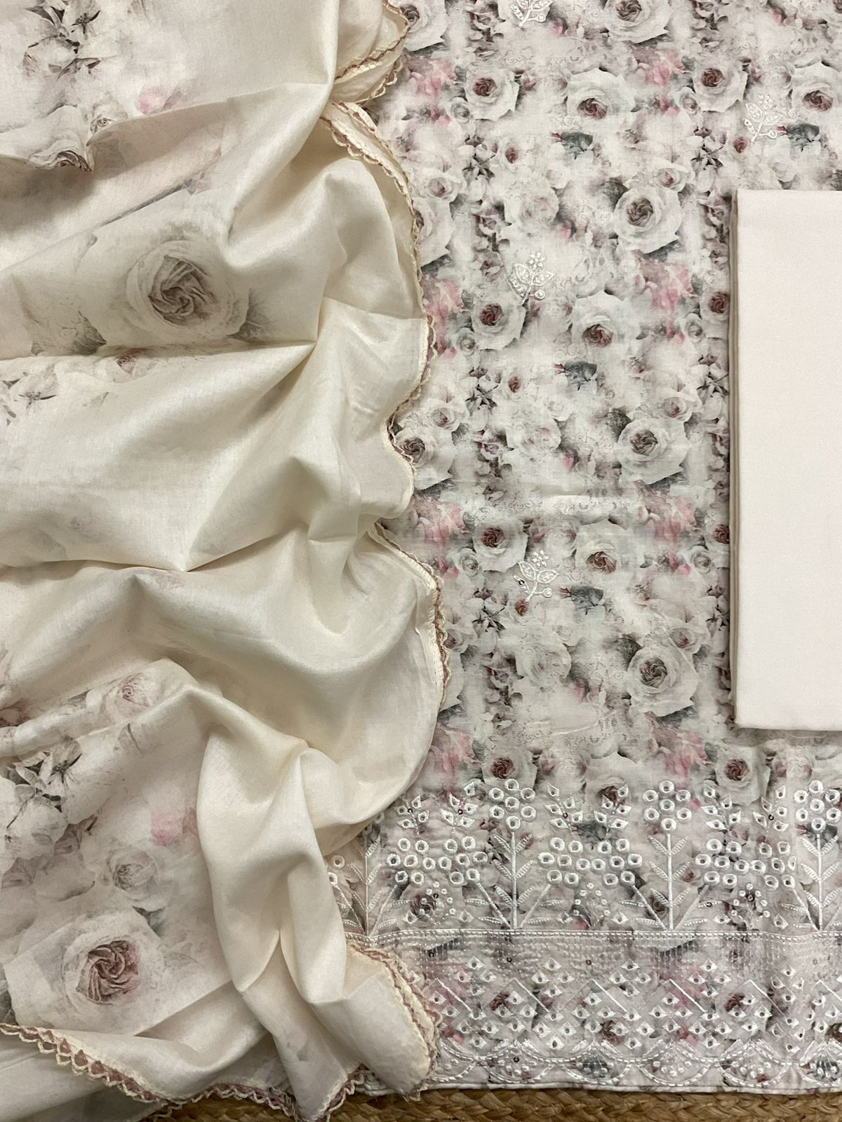 Pure Cotton Printed Embroidered Suit - Cream