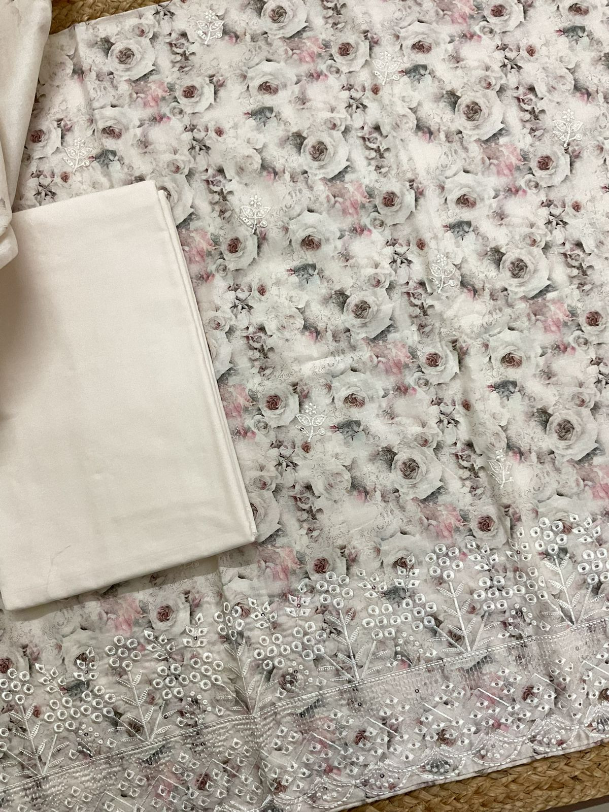 Pure Cotton Printed Embroidered Suit - Cream