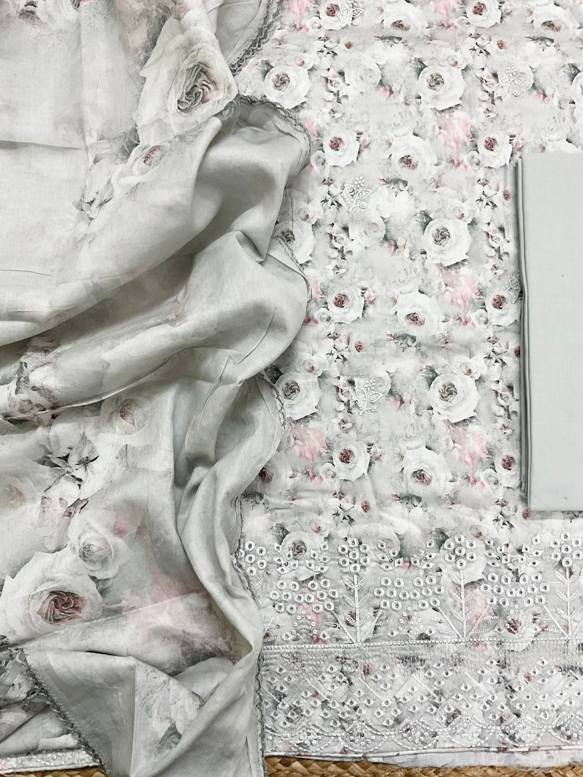 Pure Cotton Printed Embroidered Suit - Light Green