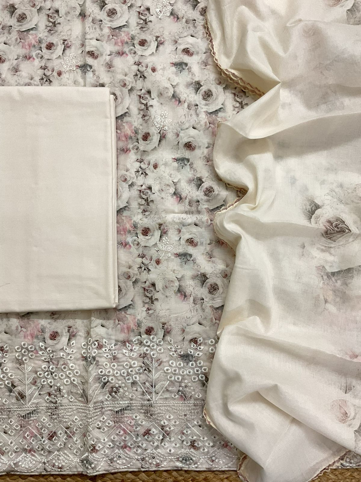 Pure Cotton Printed Embroidered Suit - Cream