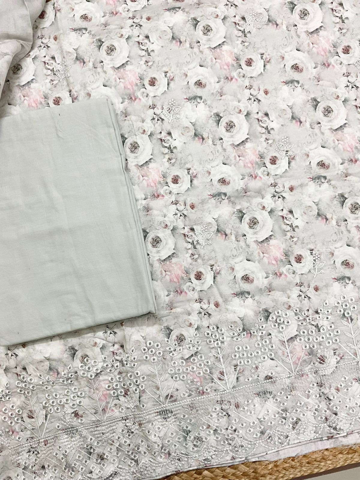 Pure Cotton Printed Embroidered Suit - Light Green