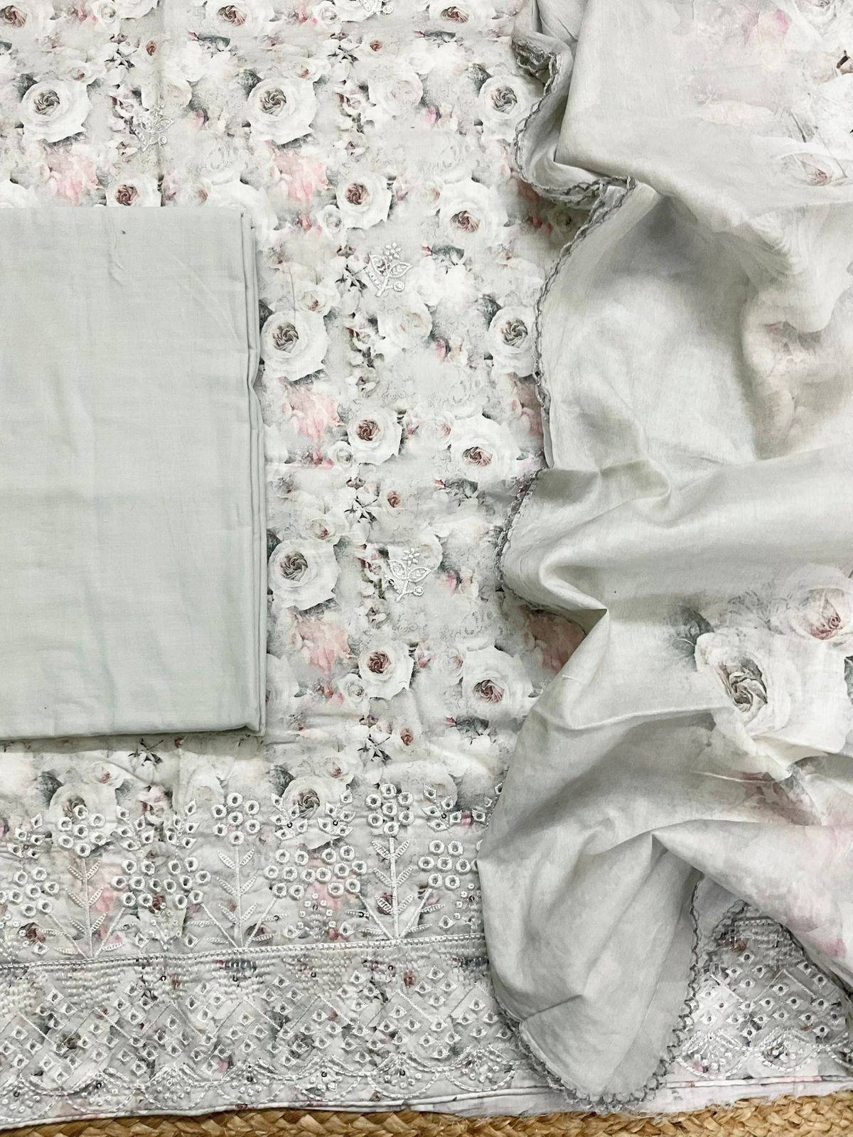 Pure Cotton Printed Embroidered Suit - Light Green