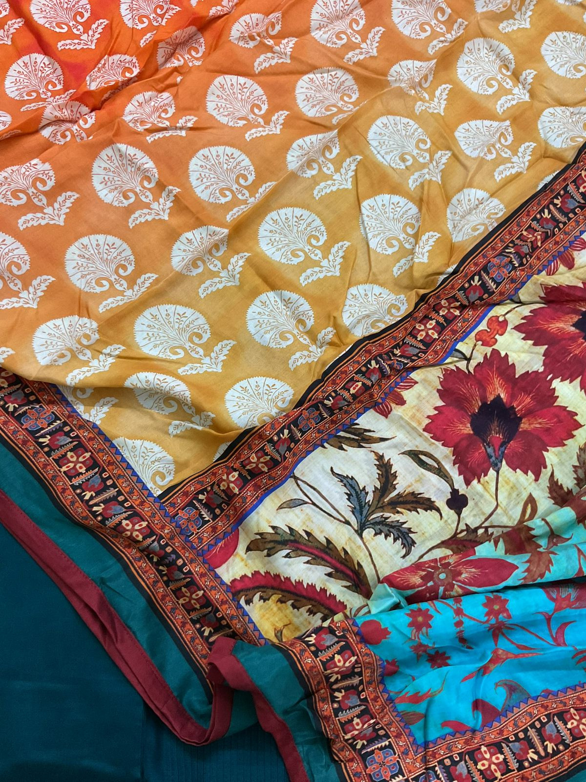 Pure Cotton Silk Printed Embroidered Suit - Peacock Blue
