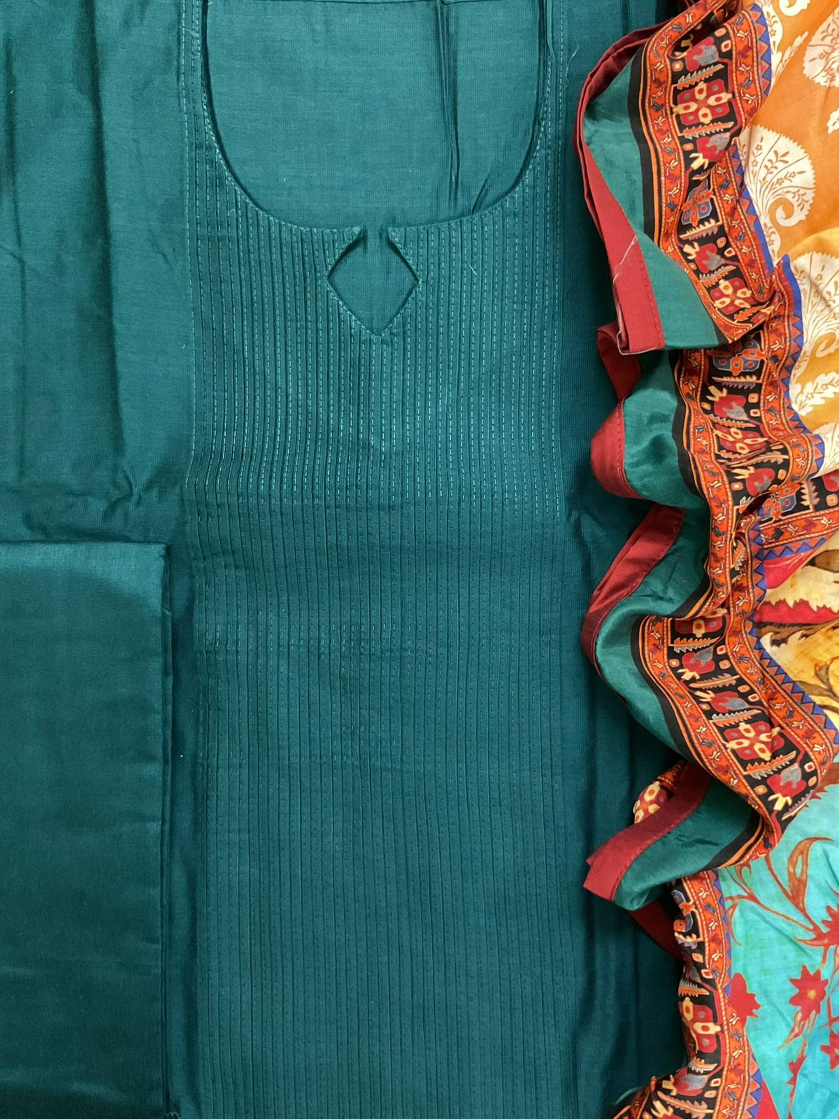 Pure Cotton Silk Printed Embroidered Suit - Peacock Blue