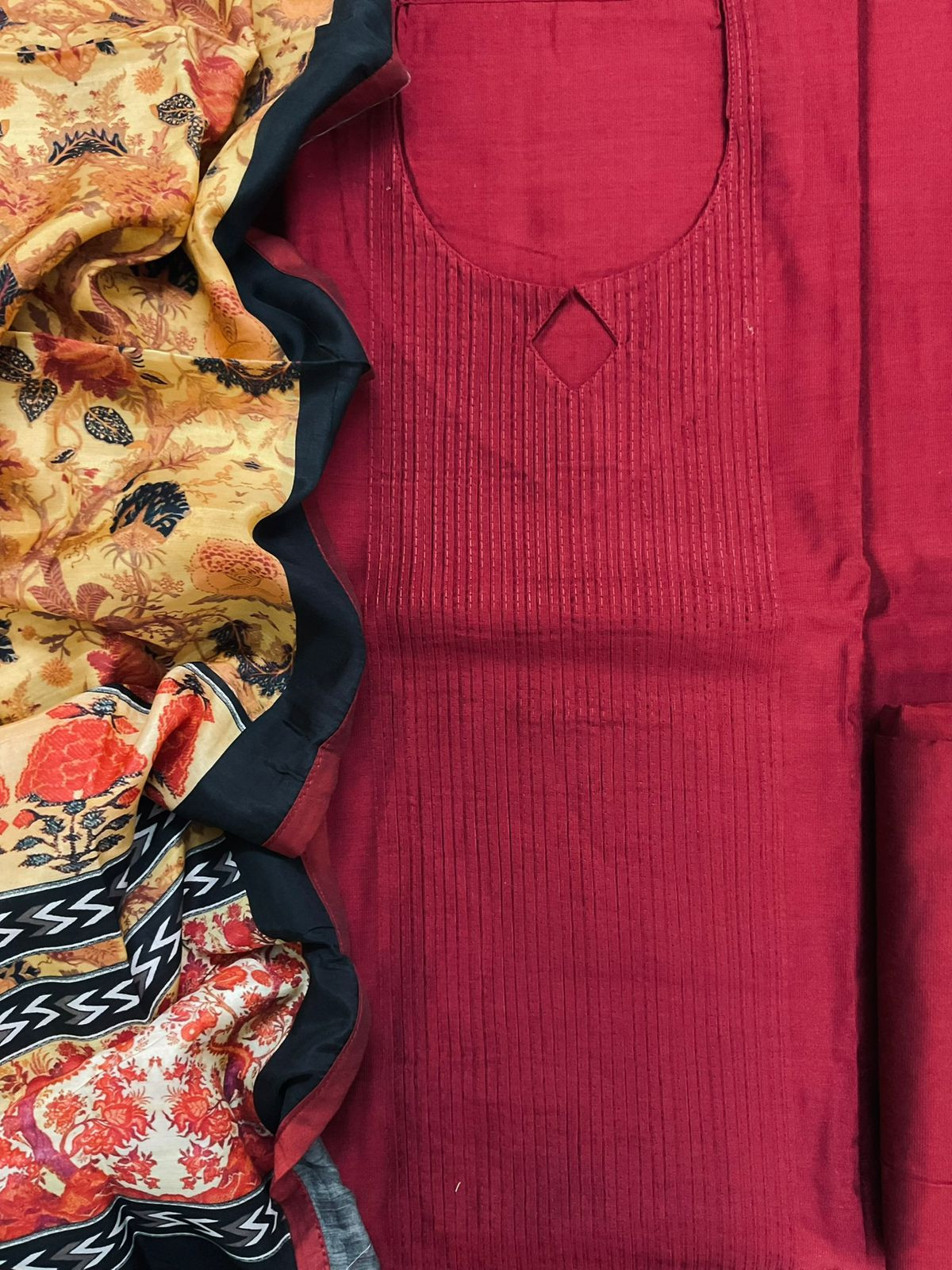 Pure Cotton Silk Printed Embroidered Suit - Maroon