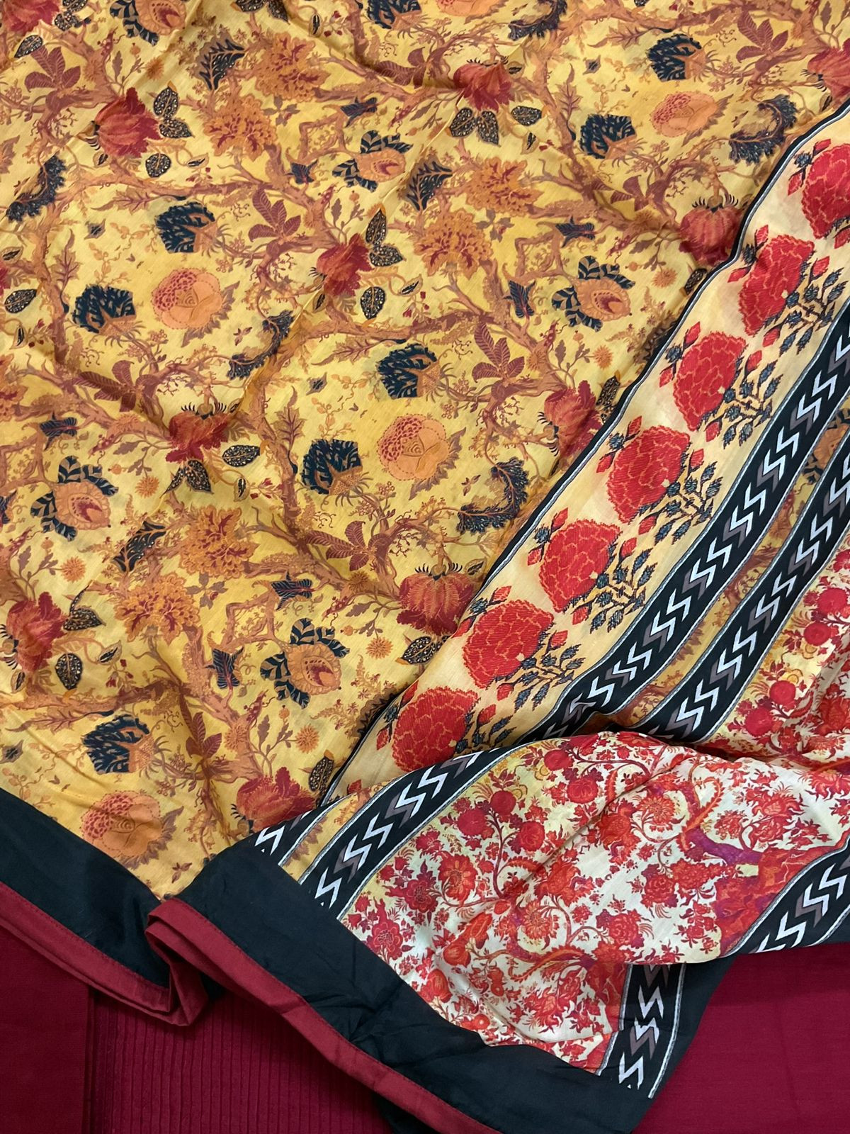 Pure Cotton Silk Printed Embroidered Suit - Maroon