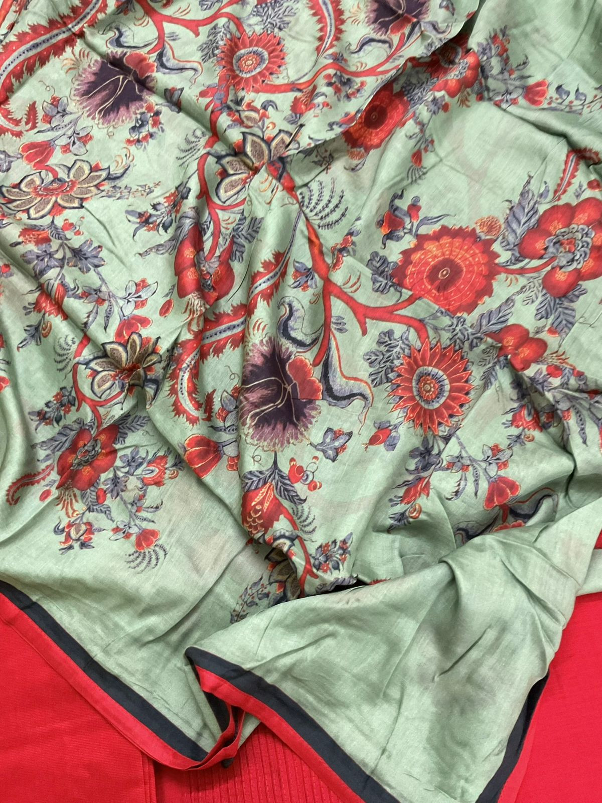 Pure Cotton Silk Printed Embroidered Suit - Red