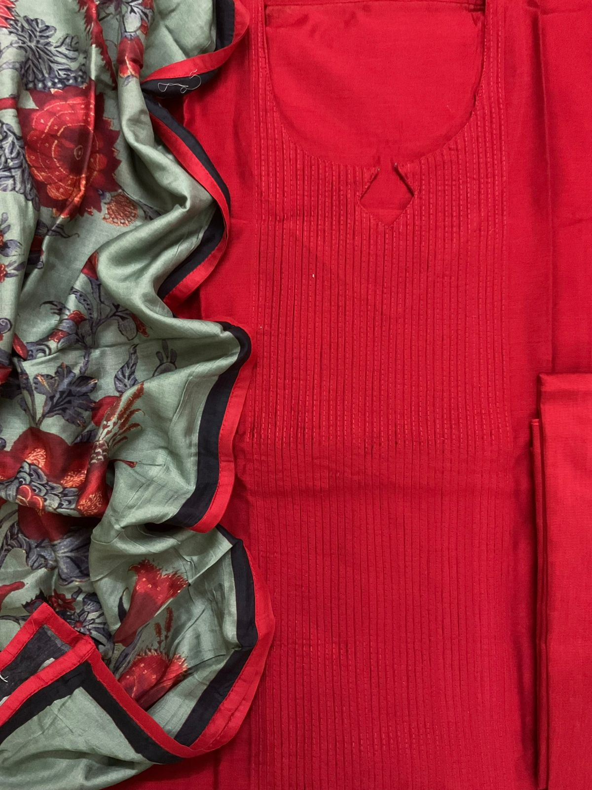 Pure Cotton Silk Printed Embroidered Suit - Red