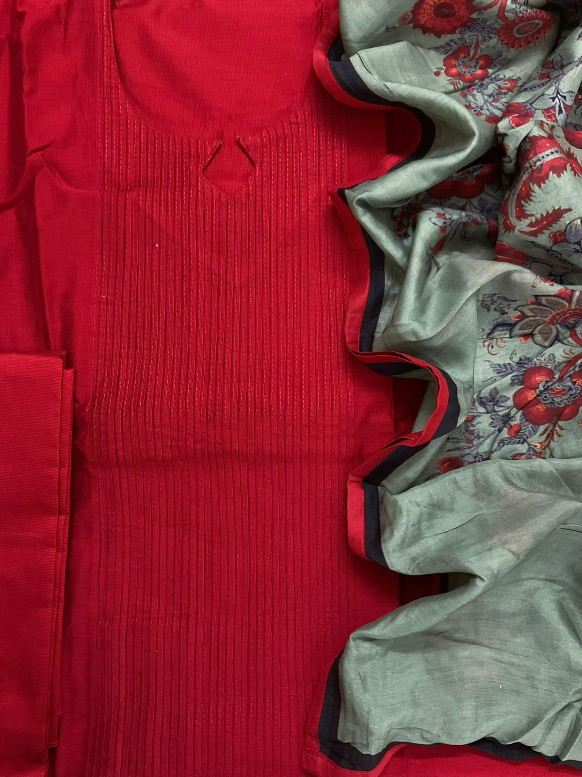 Pure Cotton Silk Printed Embroidered Suit - Red