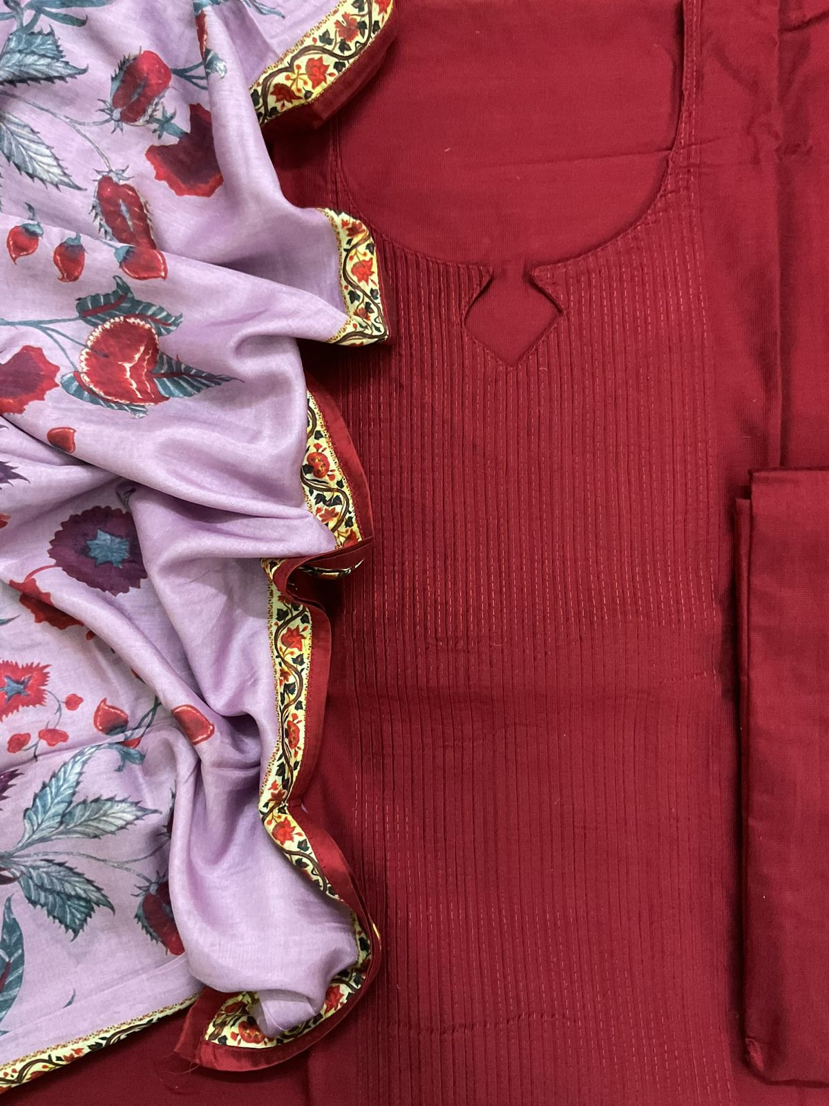 Pure Cotton Silk Printed Embroidered Suit - Maroon