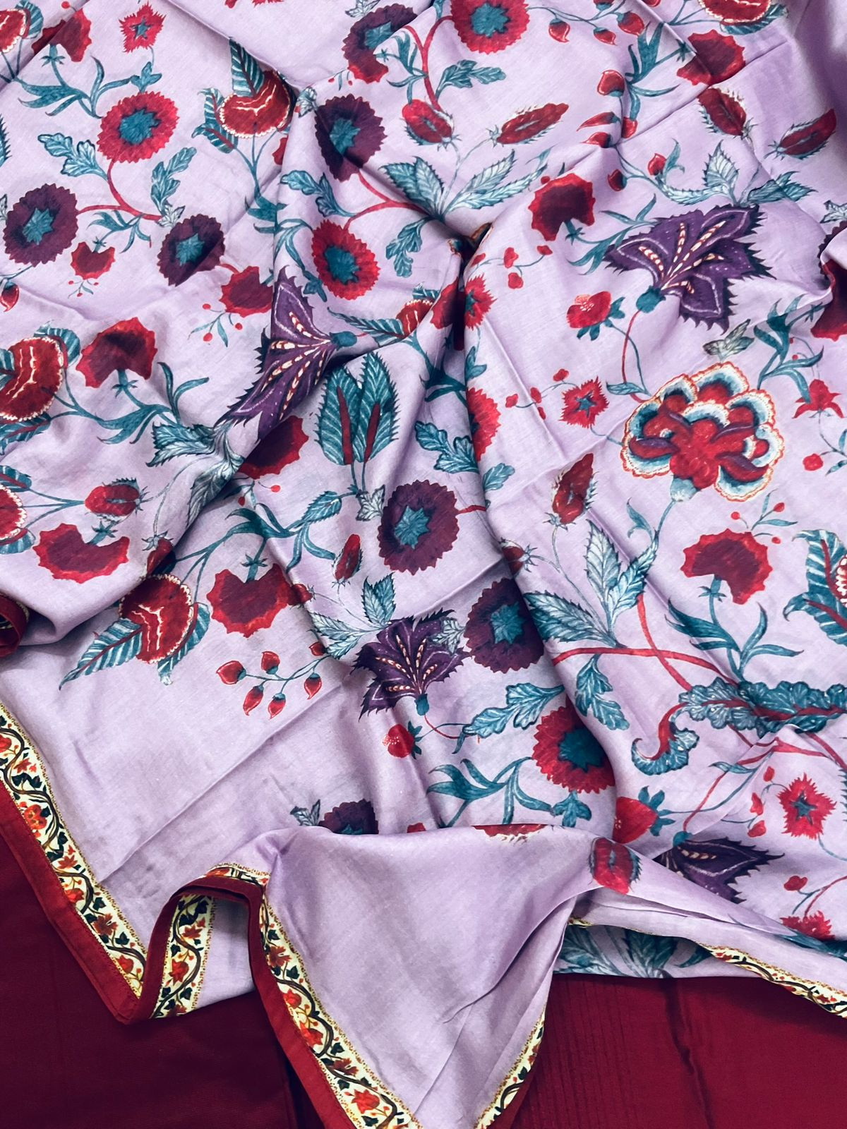 Pure Cotton Silk Printed Embroidered Suit - Maroon