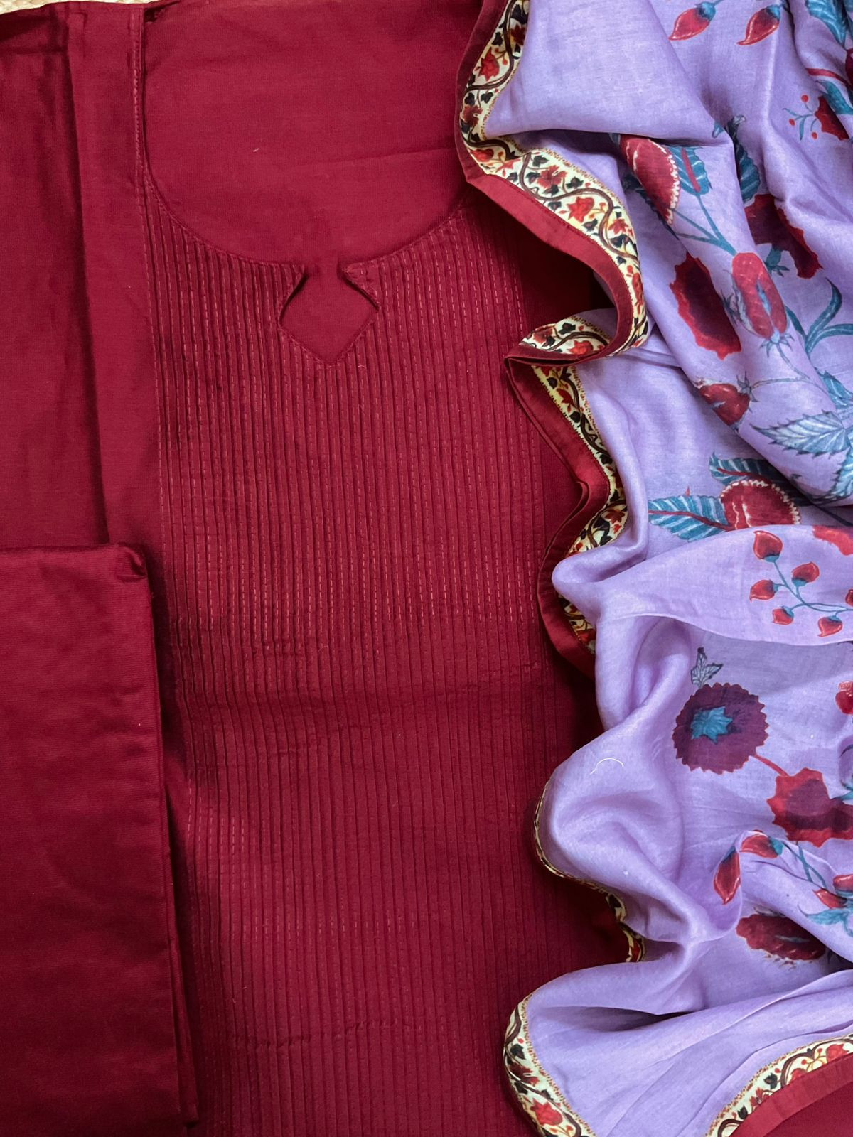 Pure Cotton Silk Printed Embroidered Suit - Maroon